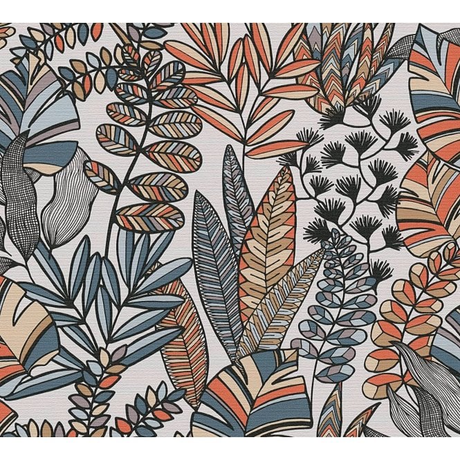 AS Creation  39095-2 Antigua Tropical Floral Motif - Blue/Orange/Grey
