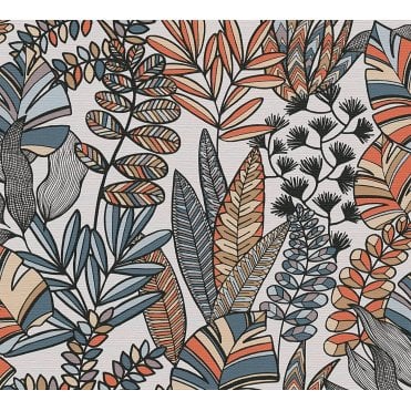 AS Creation 39095-2 Antigua Tropical Floral Motif - Blue/Orange/Grey