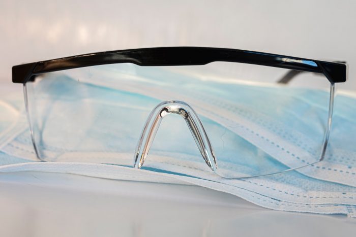 Photo of a protective eyeglass on a face mask